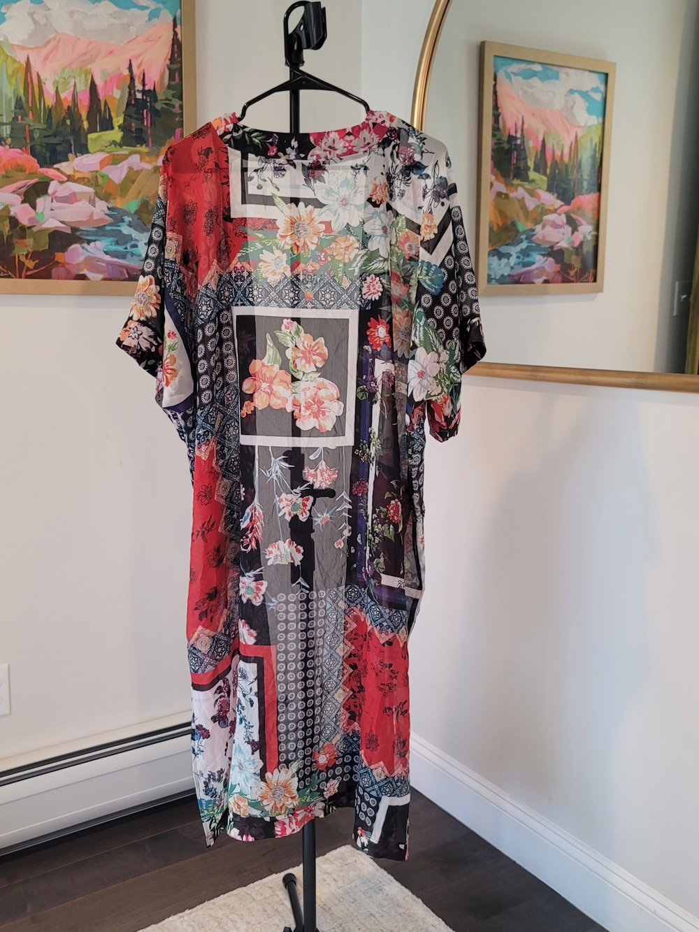 EUC RACHEL ZOE Patchwork Floral Kimono Robe Pockets Boho Women's Size OS - Picture 5 of 10